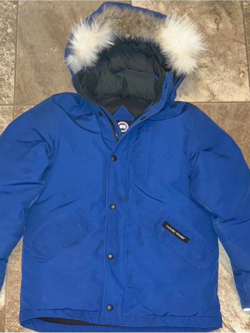 Canada Goose Kids Blue Puffer Jacket with Fur-Trim Hood